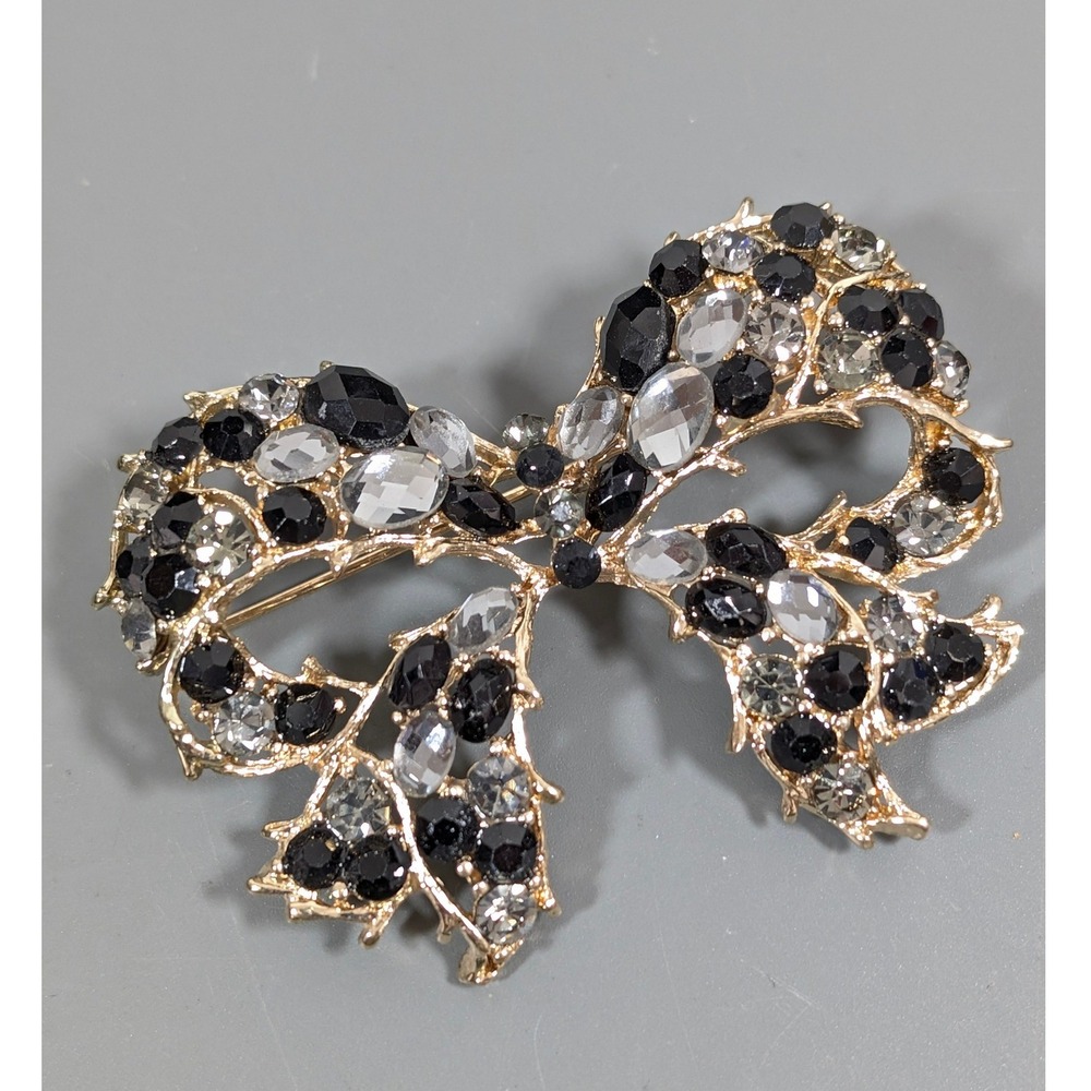 Large Gold Tone Black Gray‎ Rhinestone Bow Brooch Statement Ribbon Pin